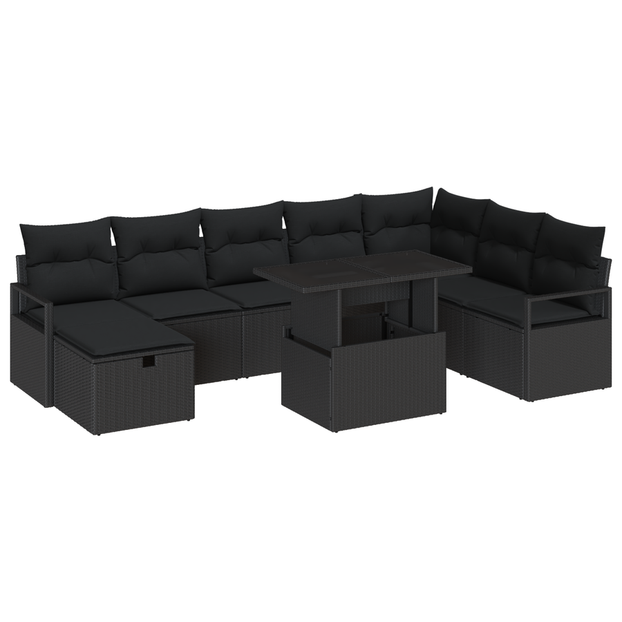 9-delige Tuinbankenset met kussens poly rattan zwart