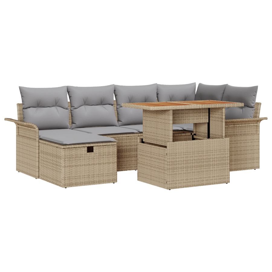 7-delige Tuinbankenset met kussens poly rattan beige