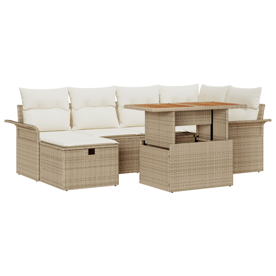 7-delige Tuinbankenset met kussens poly rattan beige