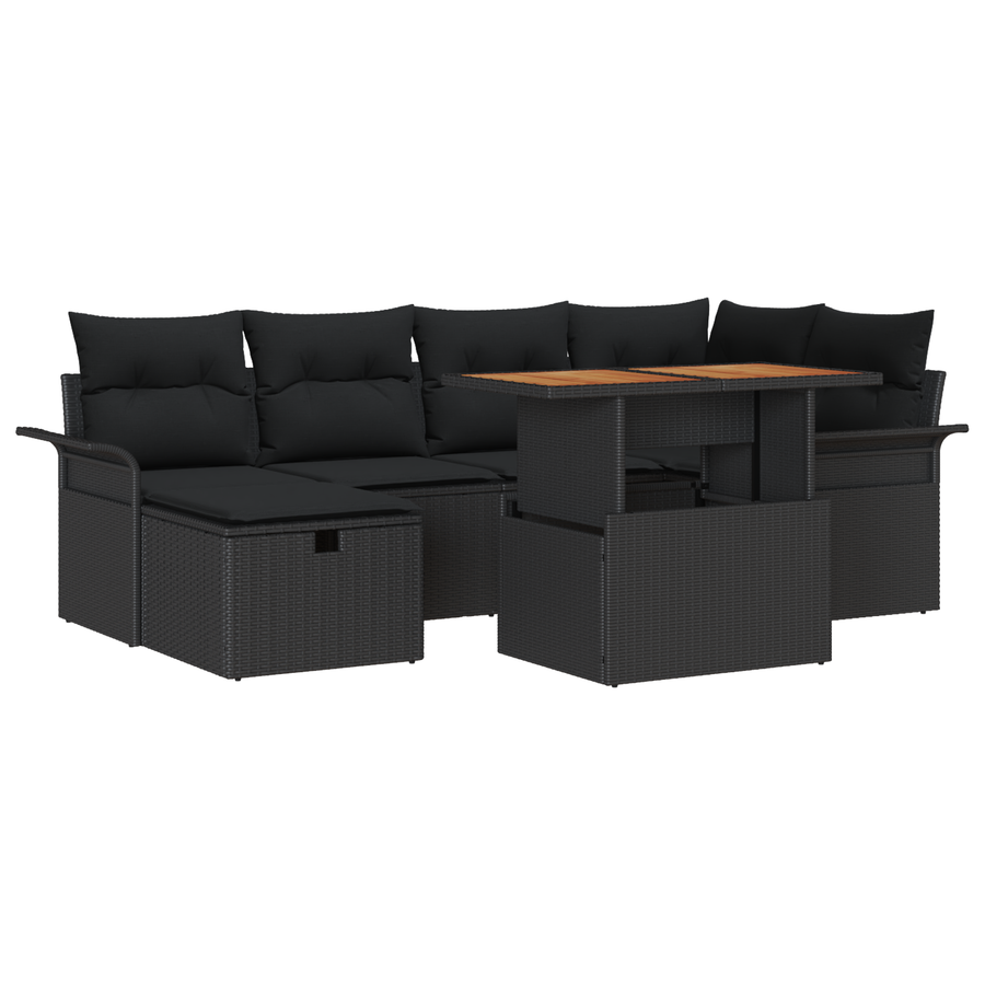 7-delige Tuinbankenset met kussens poly rattan zwart