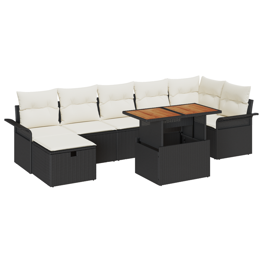 8-delige Tuinbankenset met kussens poly rattan zwart