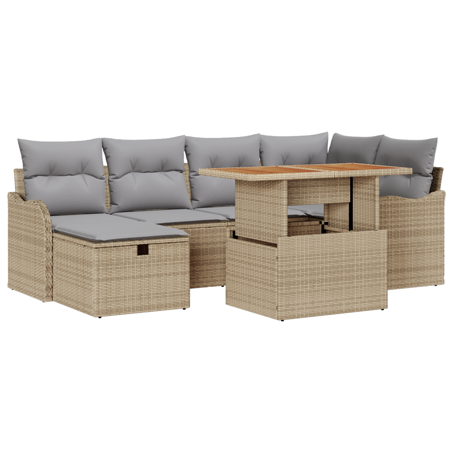 7-delige Tuinbankenset met kussens poly rattan beige