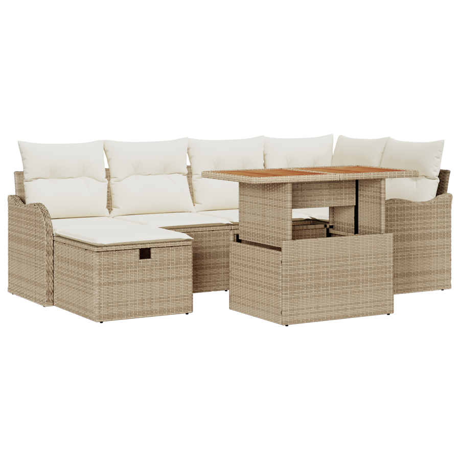 7-delige Tuinbankenset met kussens poly rattan beige