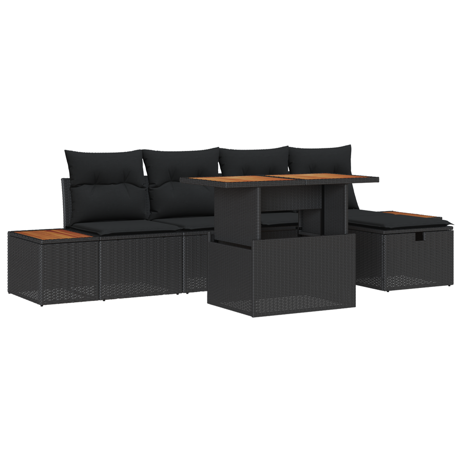 6-delige tuinset met kussens zwart poly rattan acacia
