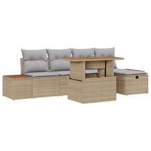 6-delige tuinset met kussens in beige poly rattan en acacia