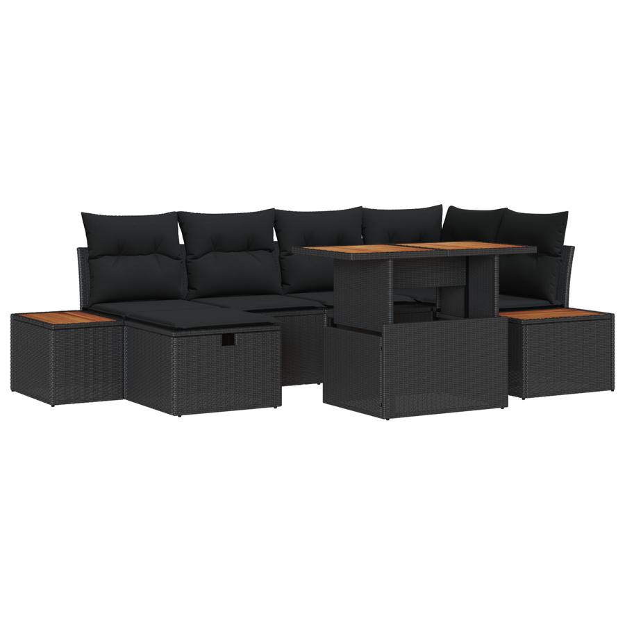 7-delige tuinset met kussens zwart poly rattan en acacia