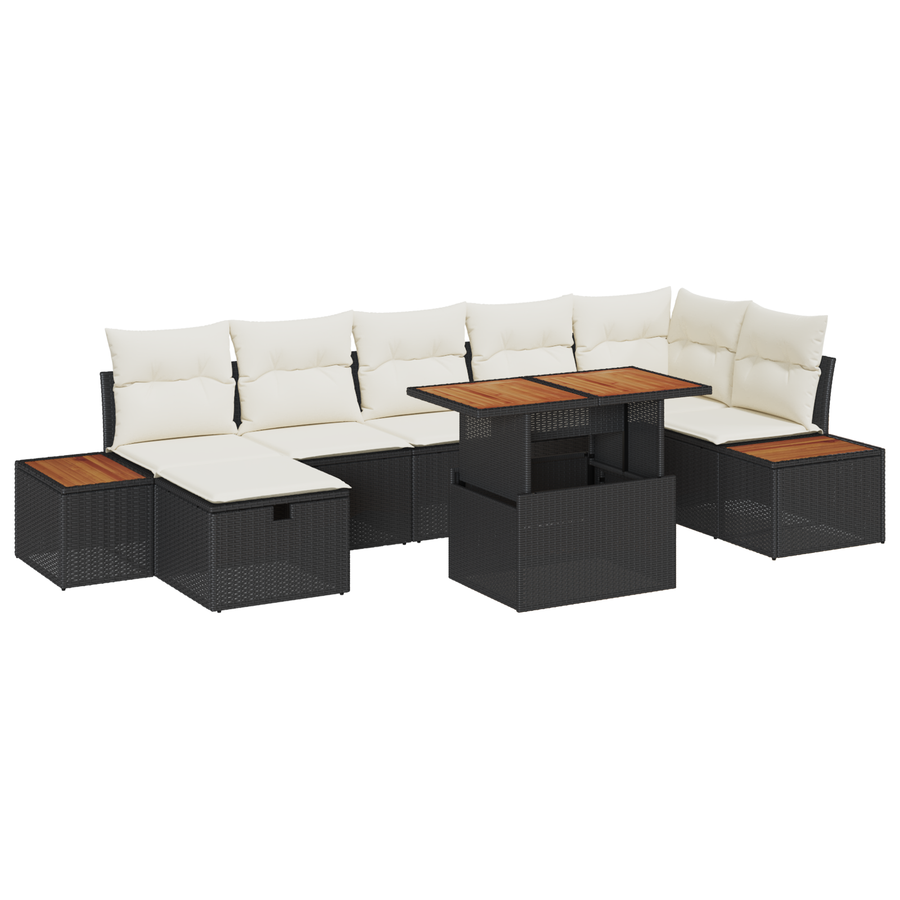 8-delige tuinset met kussens - Zwart poly rattan & Acacia
