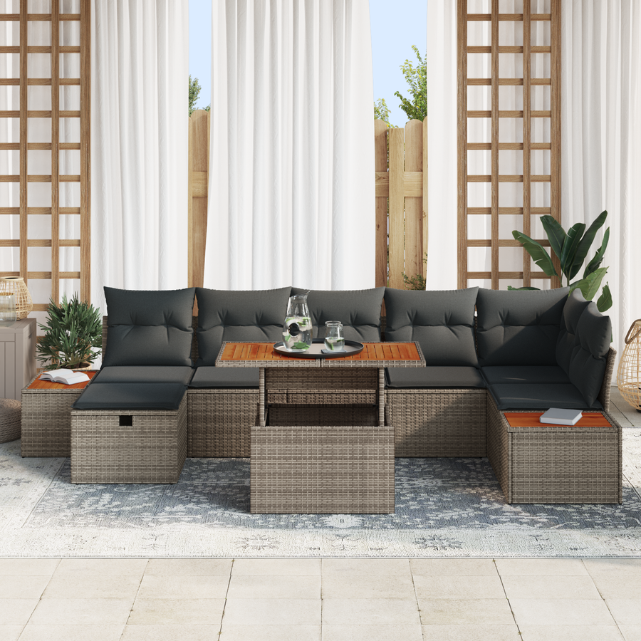 8-delige tuinbankset met kussens - grijs poly rattan en acacia