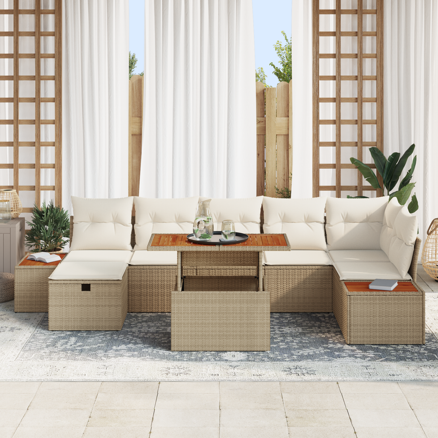 8-delige tuinset met kussens in beige, van poly rattan en acacia