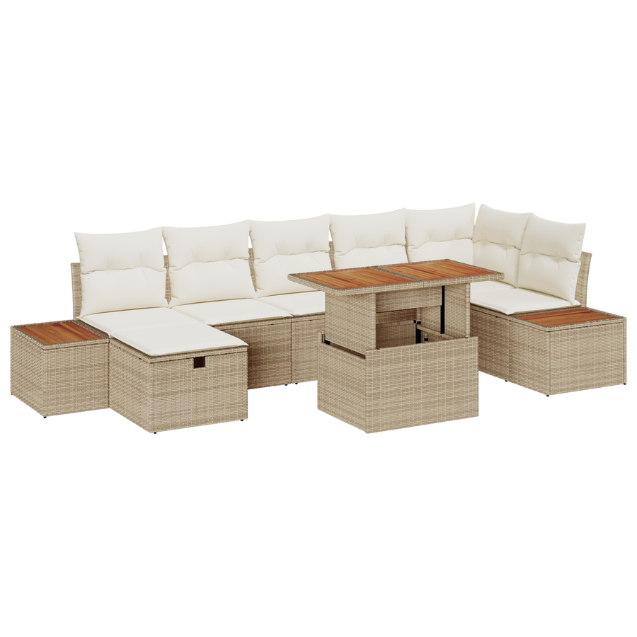 8-delige tuinset met kussens in beige, van poly rattan en acacia