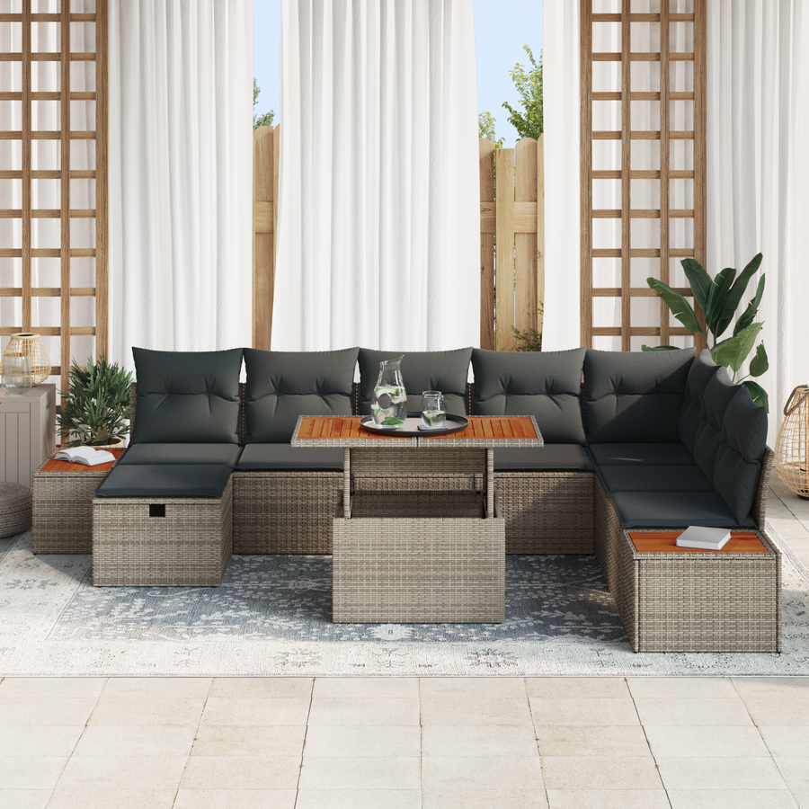 9-delige Tuinbankenset met kussens poly rattan acacia grijs