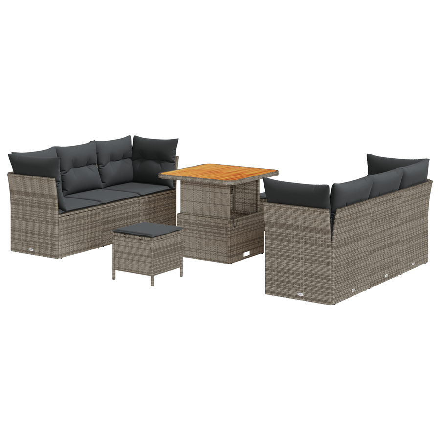 9-delige Tuinbankenset met kussens poly rattan acacia grijs
