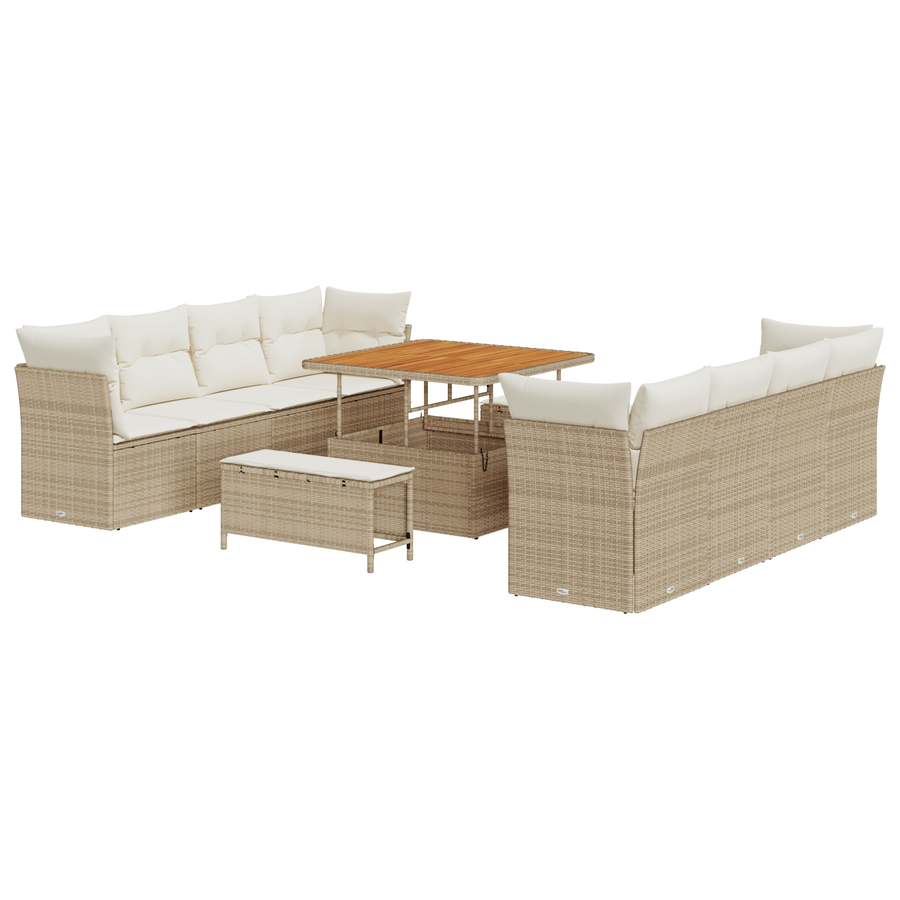 11-delige Tuinbankenset met kussens poly rattan acacia beige