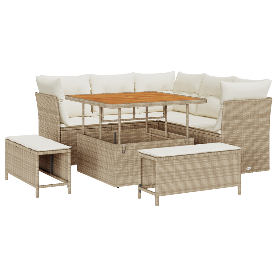 8-delige loungeset met kussens in beige van poly rattan en acacia