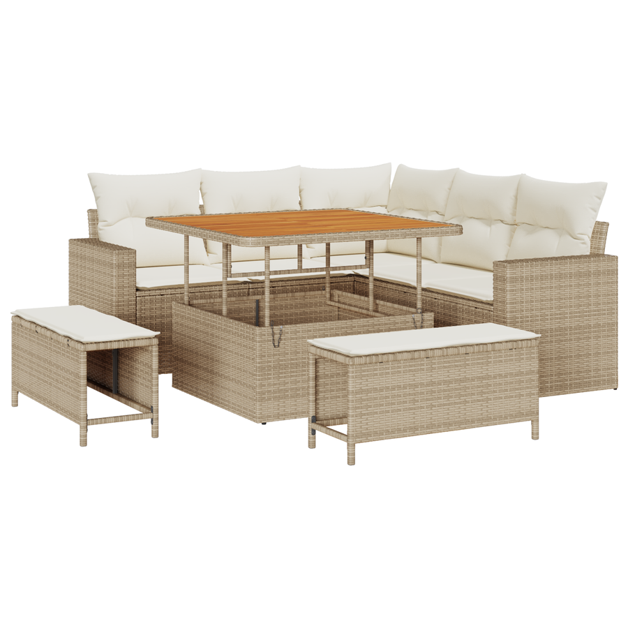 8-delige tuinset met kussens in beige, van poly rattan en acacia
