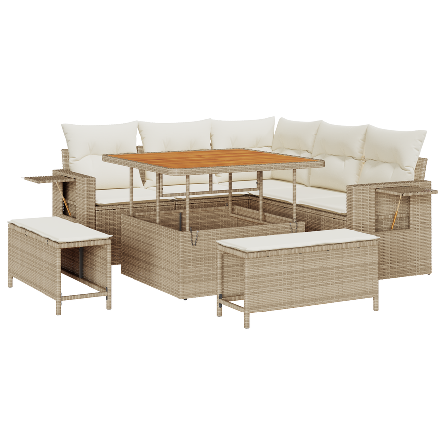 8-delige Tuinbankenset met kussens poly rattan acacia beige
