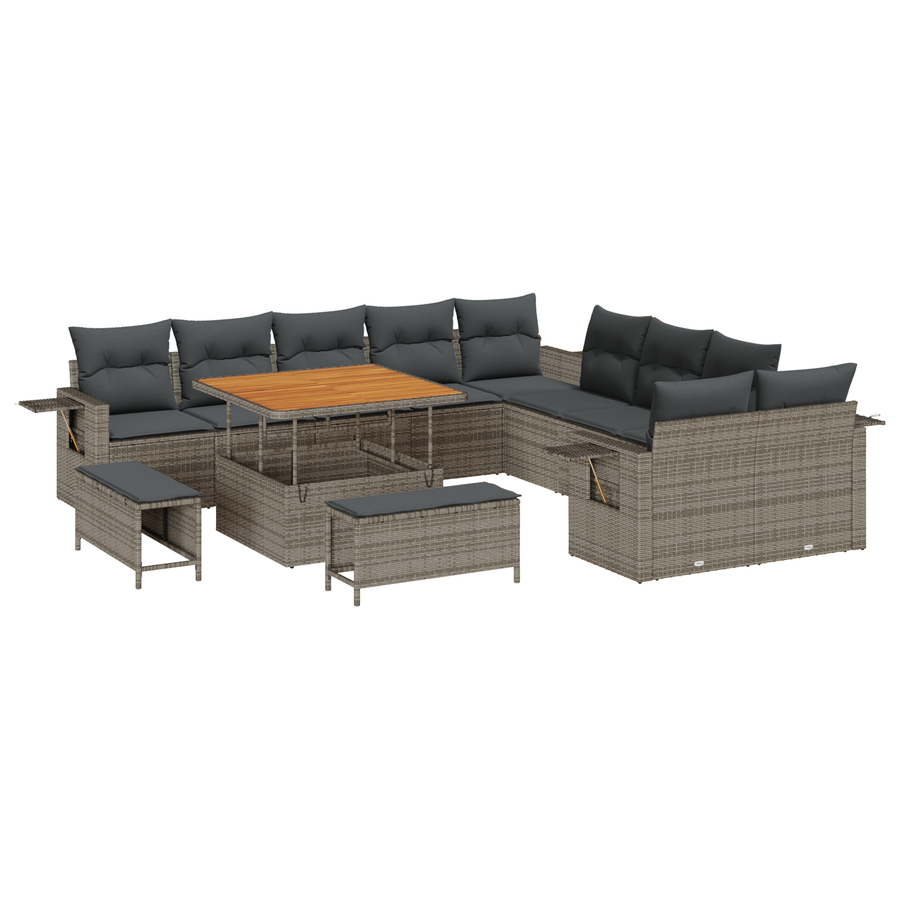 13-delige Tuinbankenset met kussens poly rattan acacia grijs