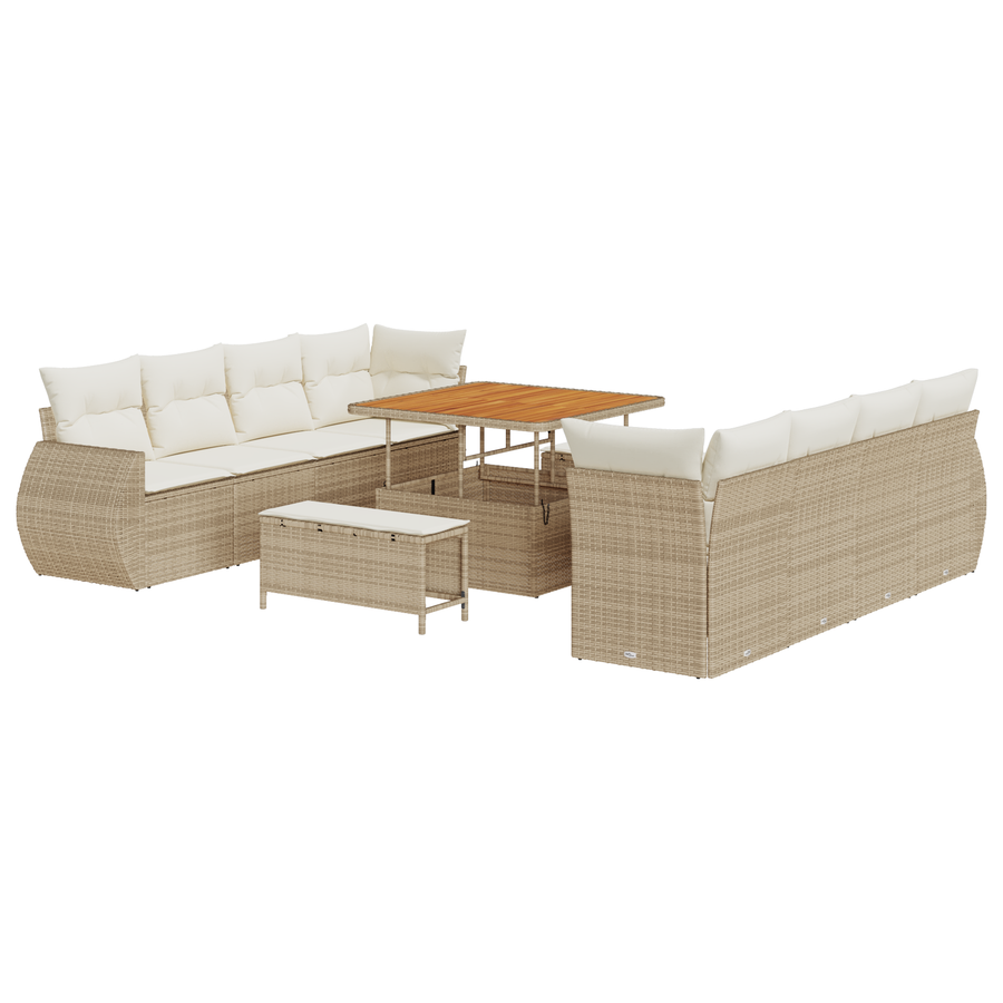 11-delige tuinset met kussens in beige van poly rattan en acacia