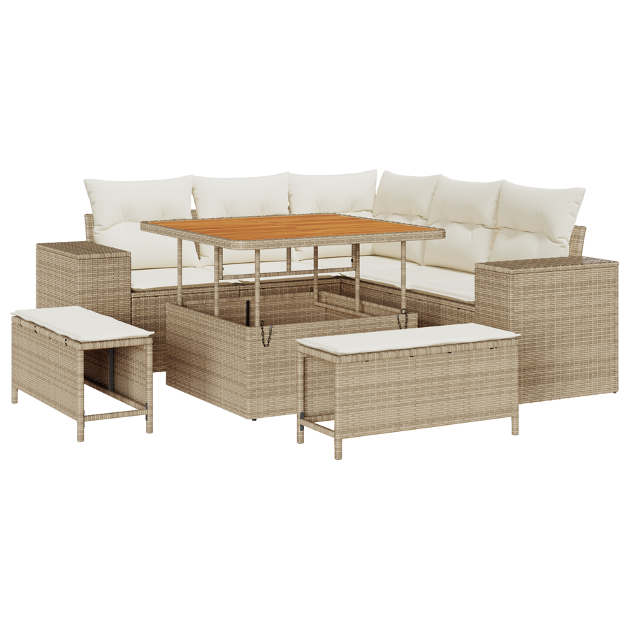 8-delige Tuinbankenset met kussens poly rattan acacia beige