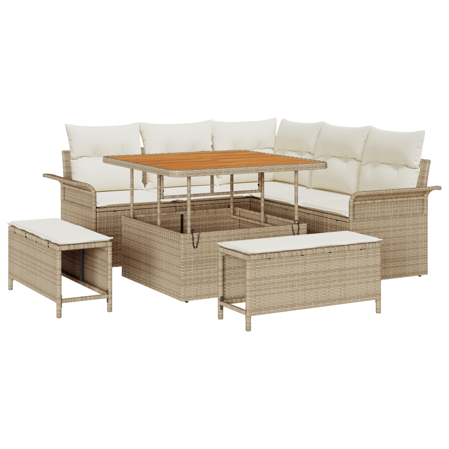 8-delige tuinset met kussens - Beige Poly Rattan en Acacia