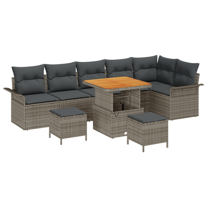 9-delige Tuinbankenset met kussens poly rattan acacia grijs