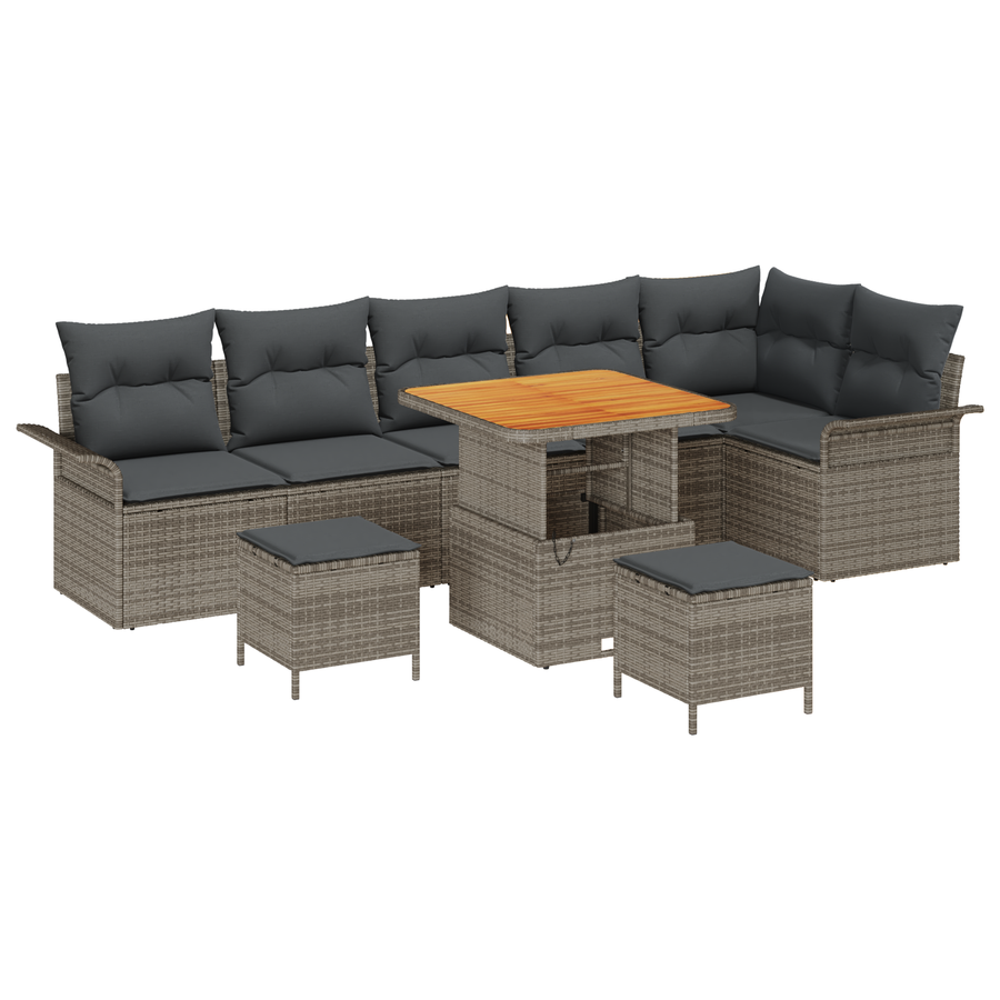 9-delige Tuinbankenset met kussens poly rattan acacia grijs