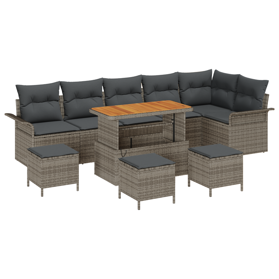 10-delige Tuinbankenset met kussens poly rattan acacia grijs