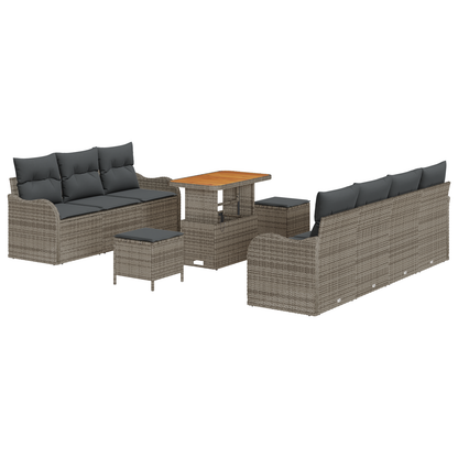 10-delige Tuinbankenset met kussens poly rattan acacia grijs
