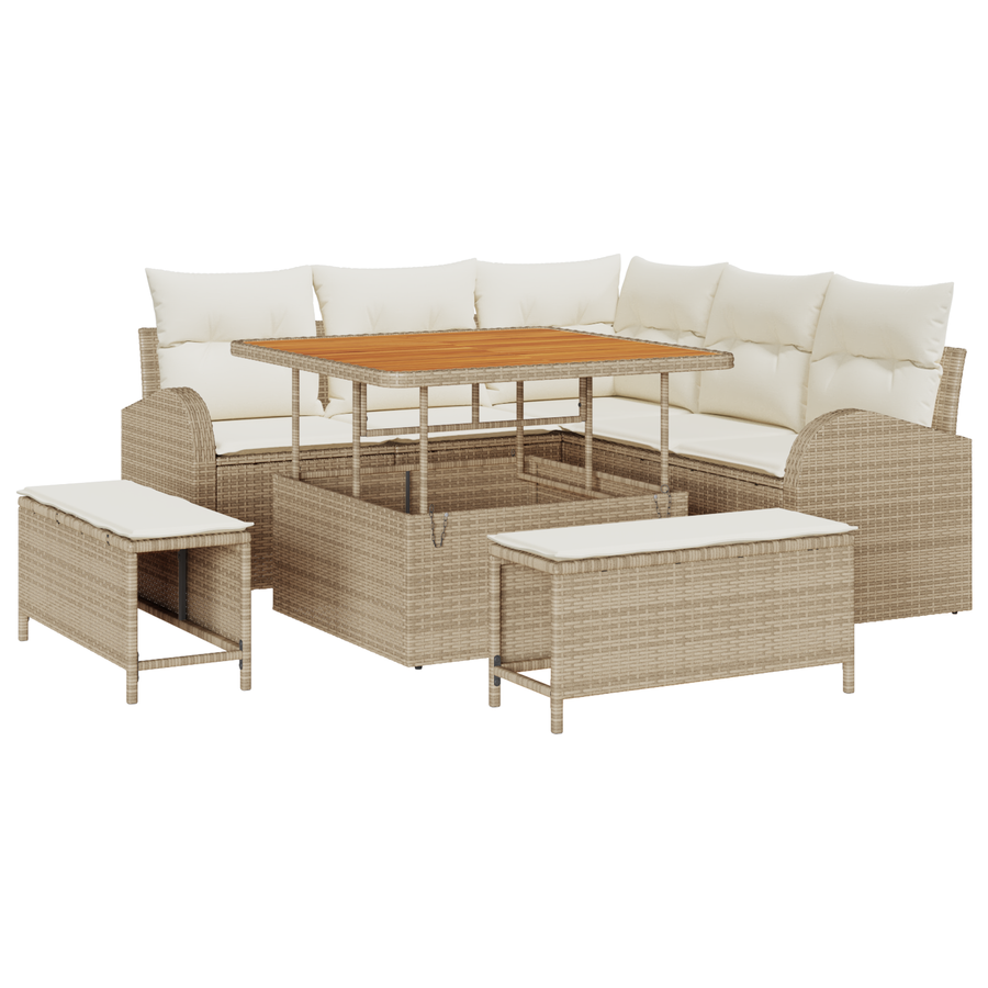 8-delige Tuinbankenset met kussens poly rattan acacia beige