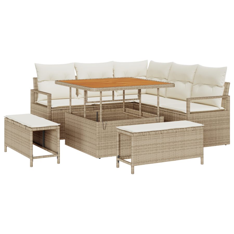 8-delige tuinset met kussens in Beige poly rattan en acacia