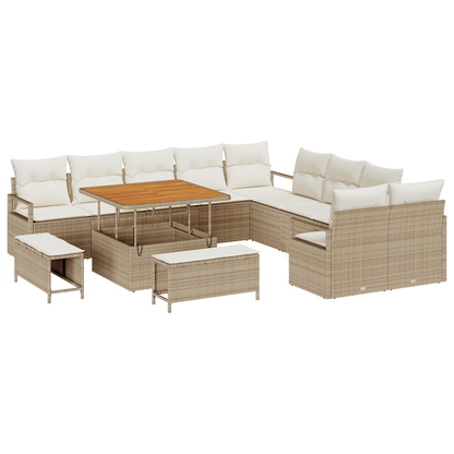 13-delige Tuinbankenset met kussens poly rattan acacia beige