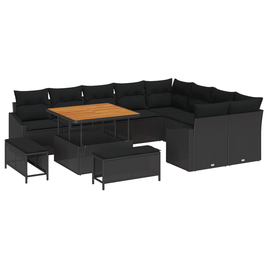 12-delige Tuinbankenset met kussens poly rattan acacia zwart