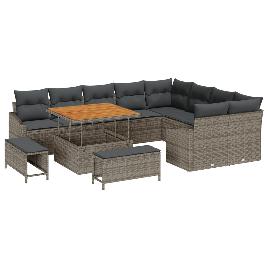12-delige Tuinbankenset met kussens poly rattan acacia grijs