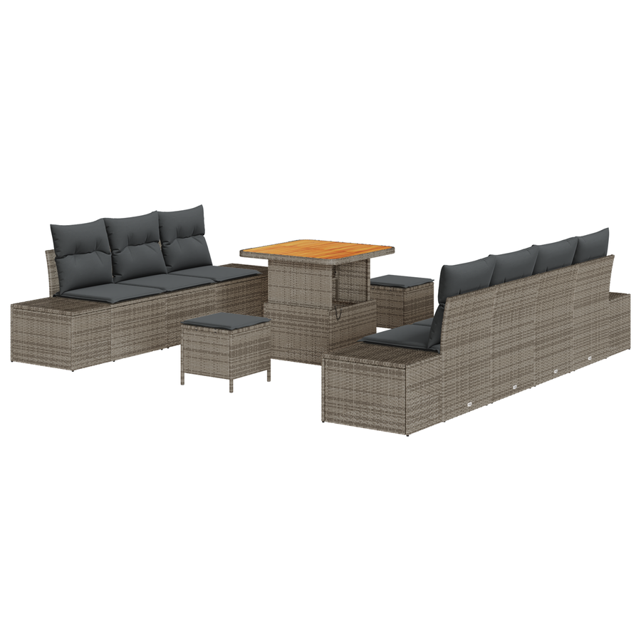 10-delige Tuinstoelset met kussens poly rattan acacia grijs