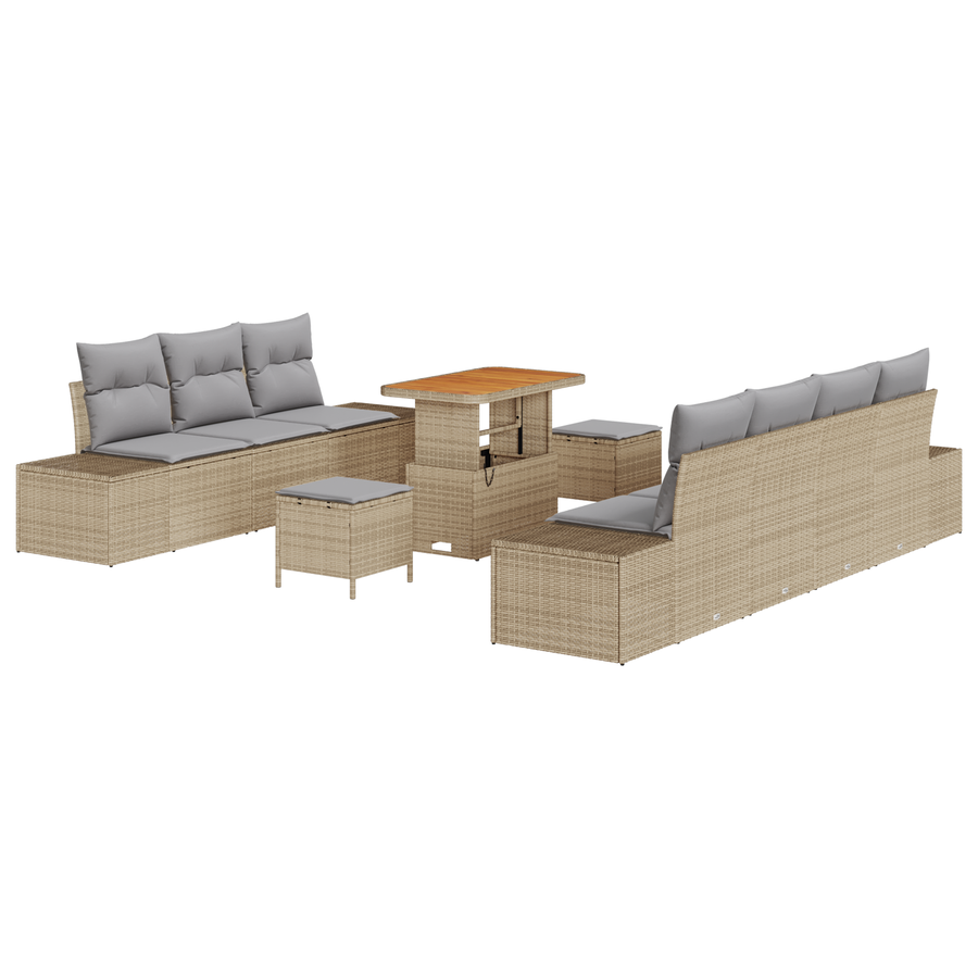 10-delige Tuinbankenset met kussens poly rattan acacia beige