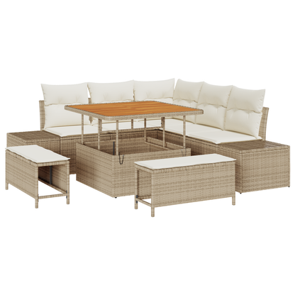 8-delige tuinset met kussens in beige van poly rattan en acaciahout
