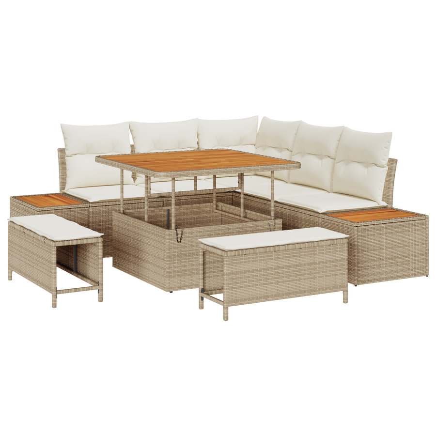 8-delige tuinset met kussens Beige Poly Rattan Acacia