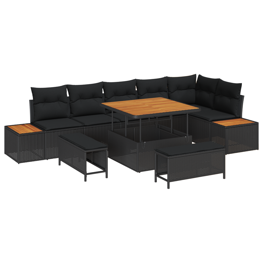 9-delige Tuinbankenset met kussens poly rattan acacia zwart