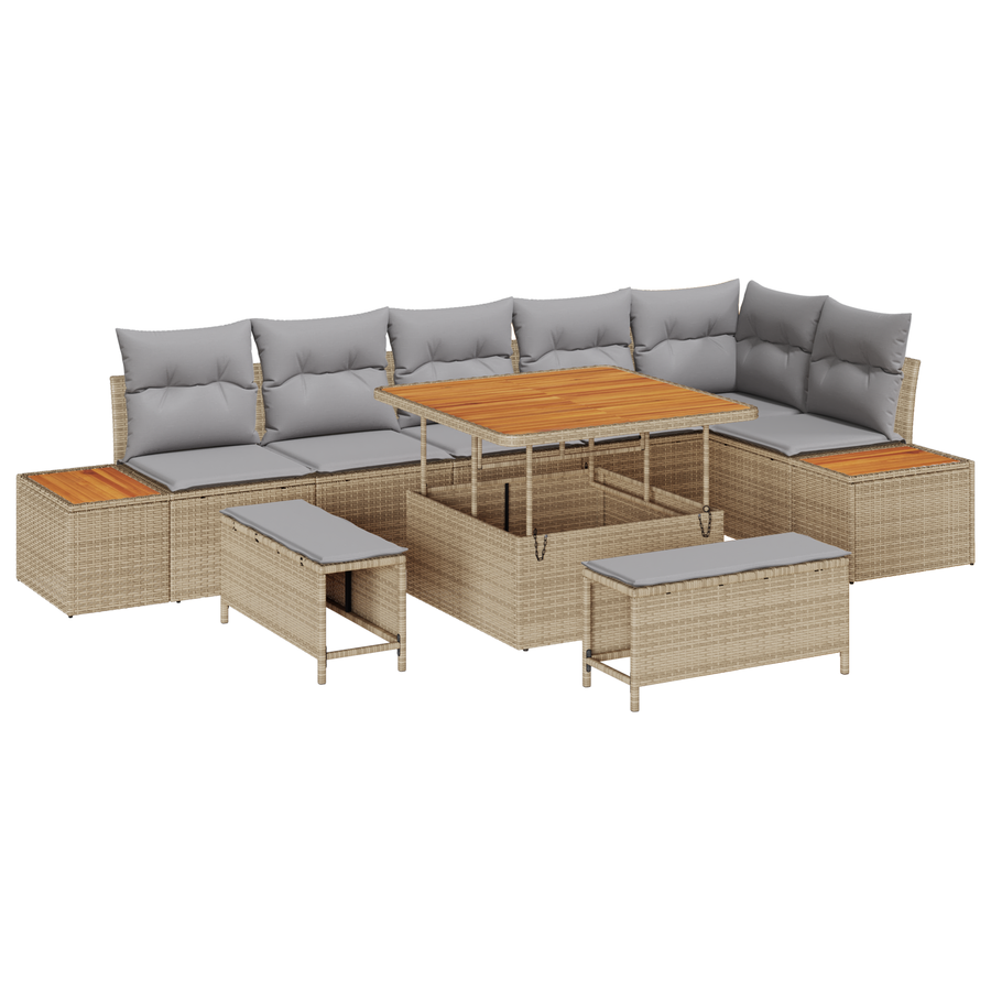 9-delige Tuinbankenset met kussens poly rattan acacia beige