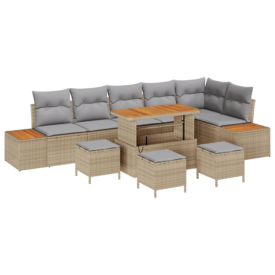 10-delige Tuinbankenset met kussens poly rattan acacia beige