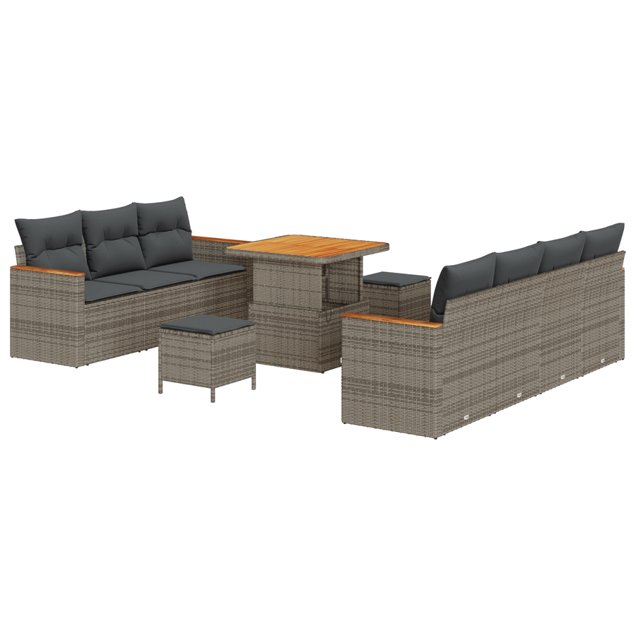 10-delige Tuinbankenset met kussens poly rattan acacia grijs