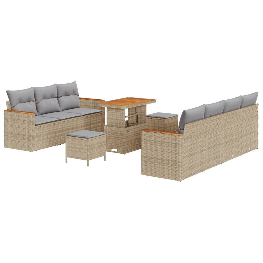 10-delige Tuinbankenset met kussens poly rattan acacia beige