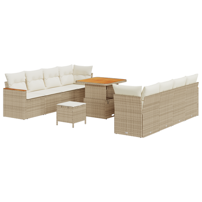 11-delige Tuinbankenset met kussens poly rattan acacia beige