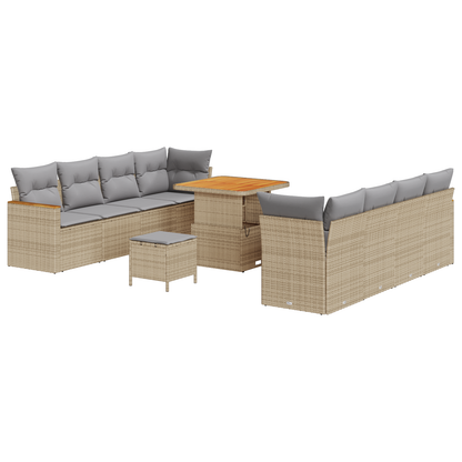 11-delige Tuinbankenset met kussens beige poly rattan acacia