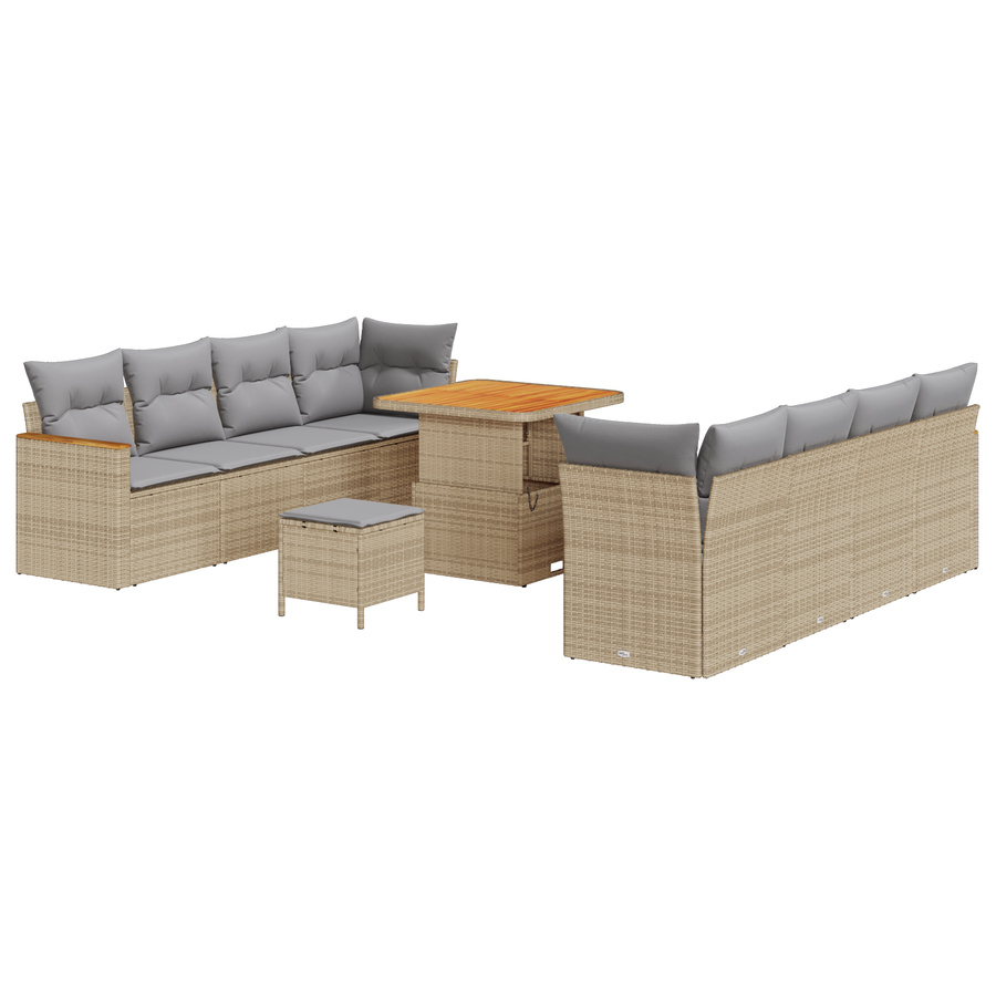 11-delige Tuinbankenset met kussens beige poly rattan acacia
