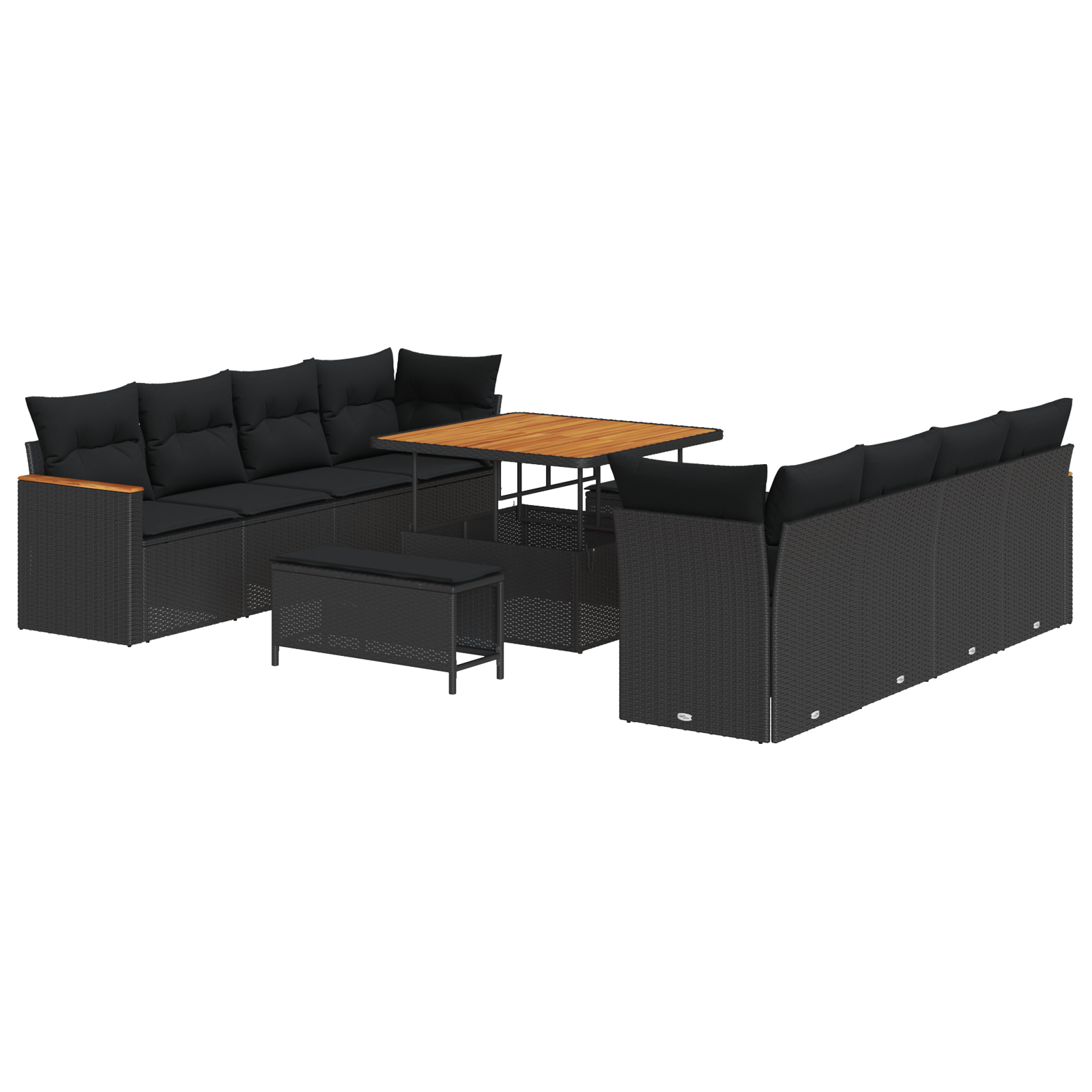 11-delige Tuinbankenset met kussens zwart poly rattan acacia