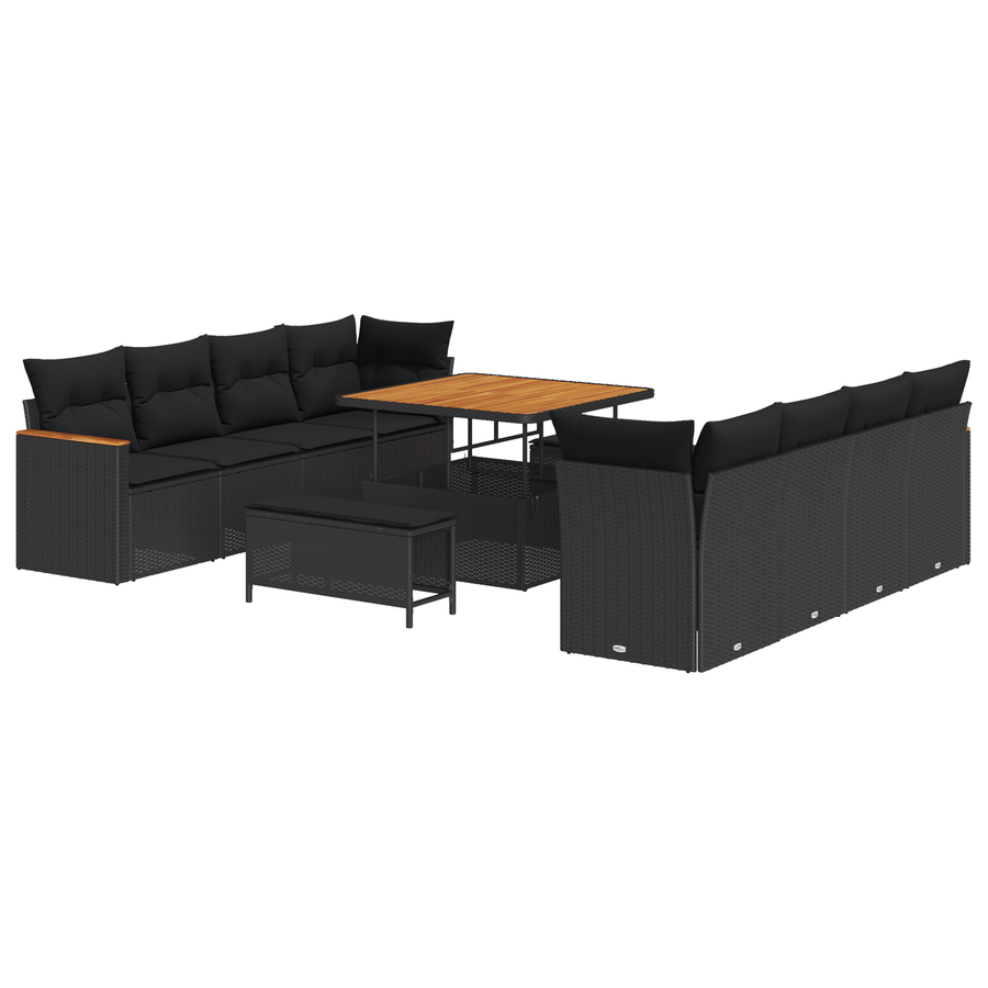 11-delige Tuinbankenset met kussens zwart poly rattan acacia