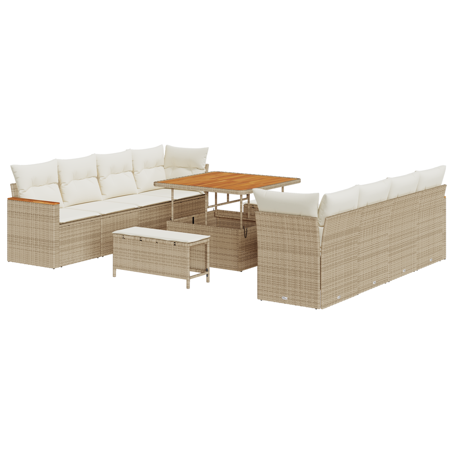 11-delige Tuinbankenset met kussens poly rattan acacia beige