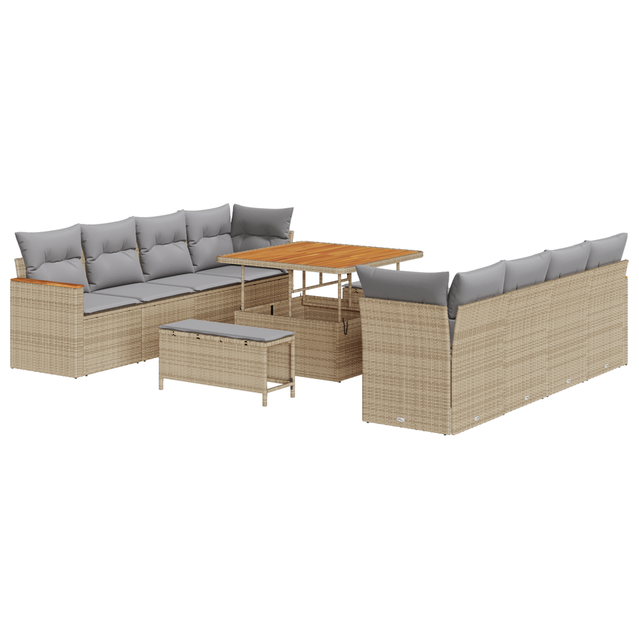 11-delige Tuinbankenset met kussens poly rattan acacia beige