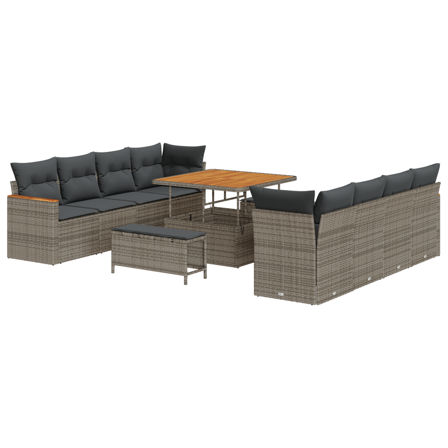 11-delige Tuinbankenset met kussens poly rattan acacia grijs